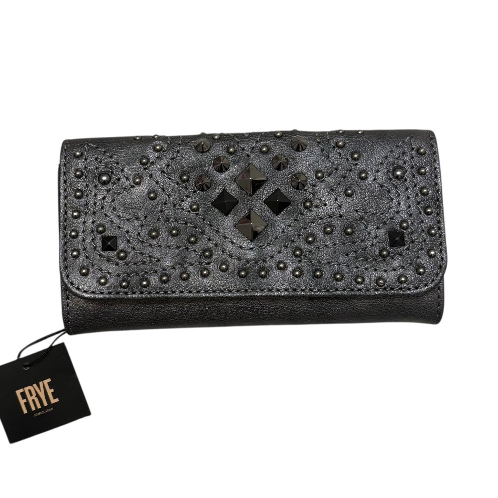 Frye pewter deco studded leather wallet nwt rare